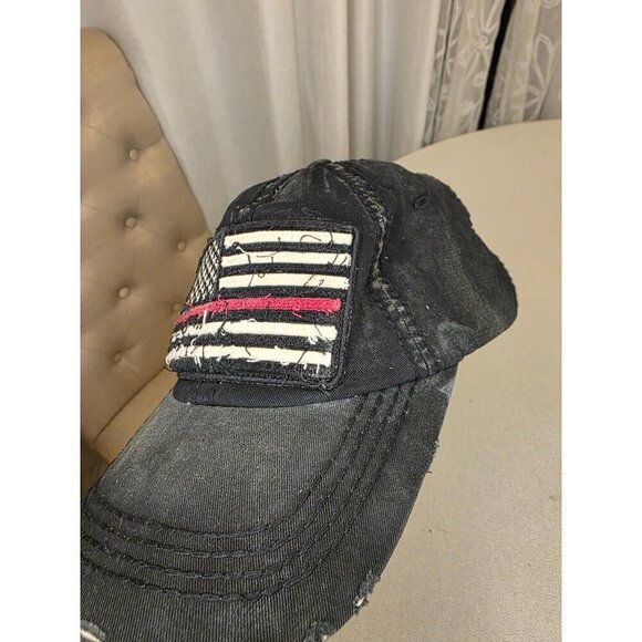 Distressed American Flag Black Hat With Thin Red Line - KBETHOS One Size 100% Co - Picture 10 of 11